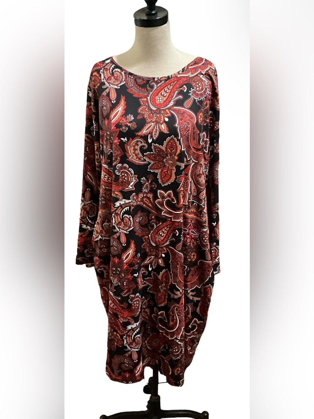 Emery Rose Black Red Paisley Print Dress Women’s 1XL Long Sleeve Casual Dress